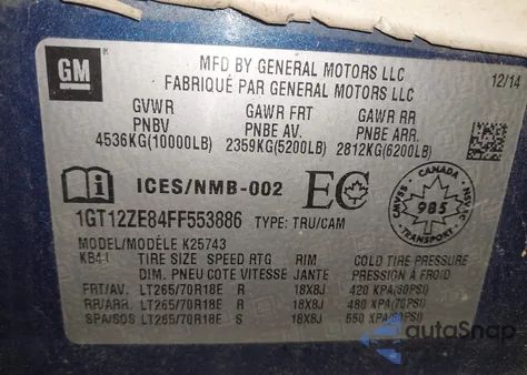 2015 GMC Sierra 2500Hd Slt z USA, uszkodzony, nr VIN 1GT12ZE84FF553886